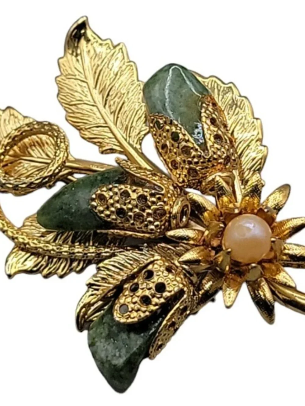 Gold Plated Jade Faux Pearl Flower Brooch Textured Leaves Detailed Design